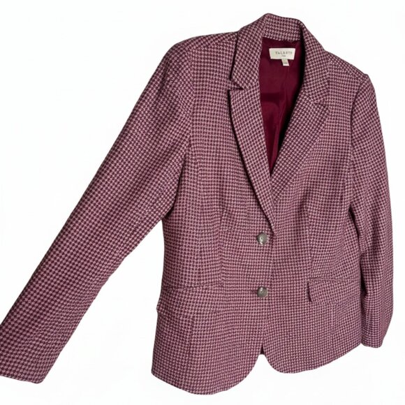 Talbots Wool Blend Houndstooth Print Blazer Jacket Size 12 Pink Burgundy Red EUC - Picture 2 of 7